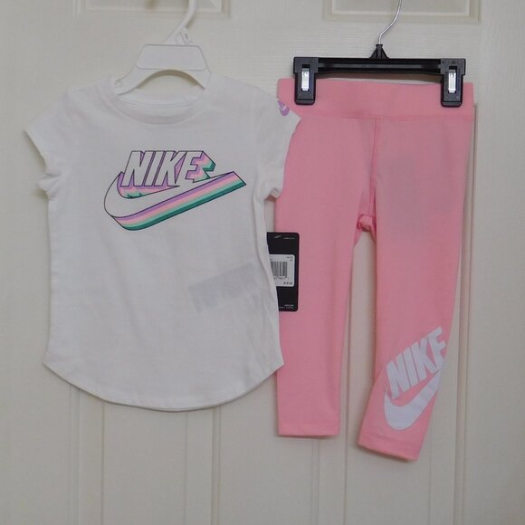 NWT 2pc Nike White Sparkle Swoosh Logo Top & Pink Leggings sz 3t - Picture 1 of 1
